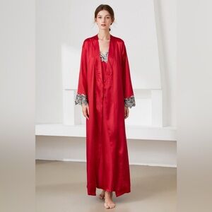 Contrast Lace Trim Satin Night Dress and Robe Set